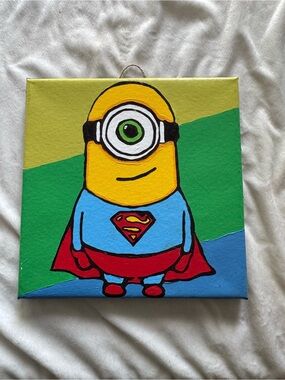 Hand-Painted Minion Superman Canvas - Bright Yellow & Blue 8 in by 8 in
